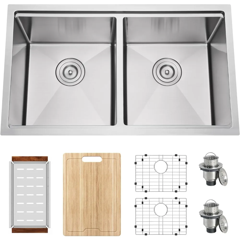 32 Inch Double Bowl Kitchen Sink with Accessories, Strainer & Bottom Grid Are Included, 50/50 Double Bowl Ledge Kitchen Sink