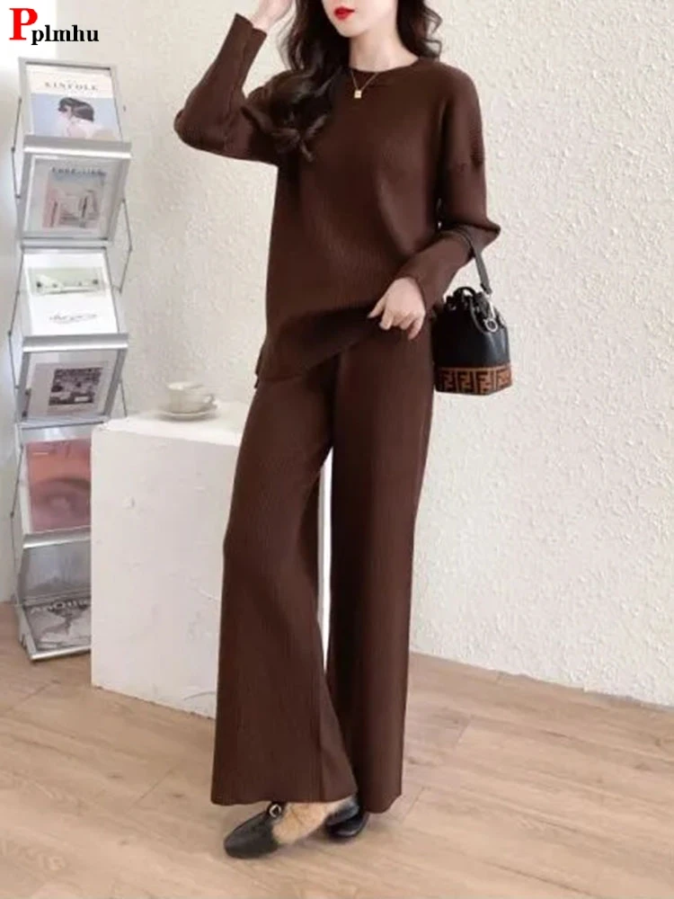 

Spring Knitted 2 Piece Sets O-neck Loose Pullover Outfit High Waist Baggy Wide Leg Pant Suits Soft Solid Color Korean Conjuntos