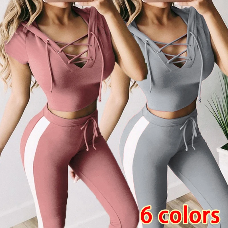 women s jogging sportswear two piece set fashionable and sexy three striped hoodie sports pants set women s jogging hoodie set Women's yoga slim fit sports short sleeved hoodie and long pants two-piece set of sportswear sexy jogging sportswear