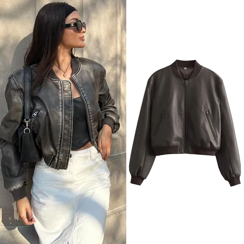 

PU Leather Bomber Jackets for Women 2023 Vintage Stand Collar Front Zipper Short Coat Ladies Long Sleeve New Outerwear