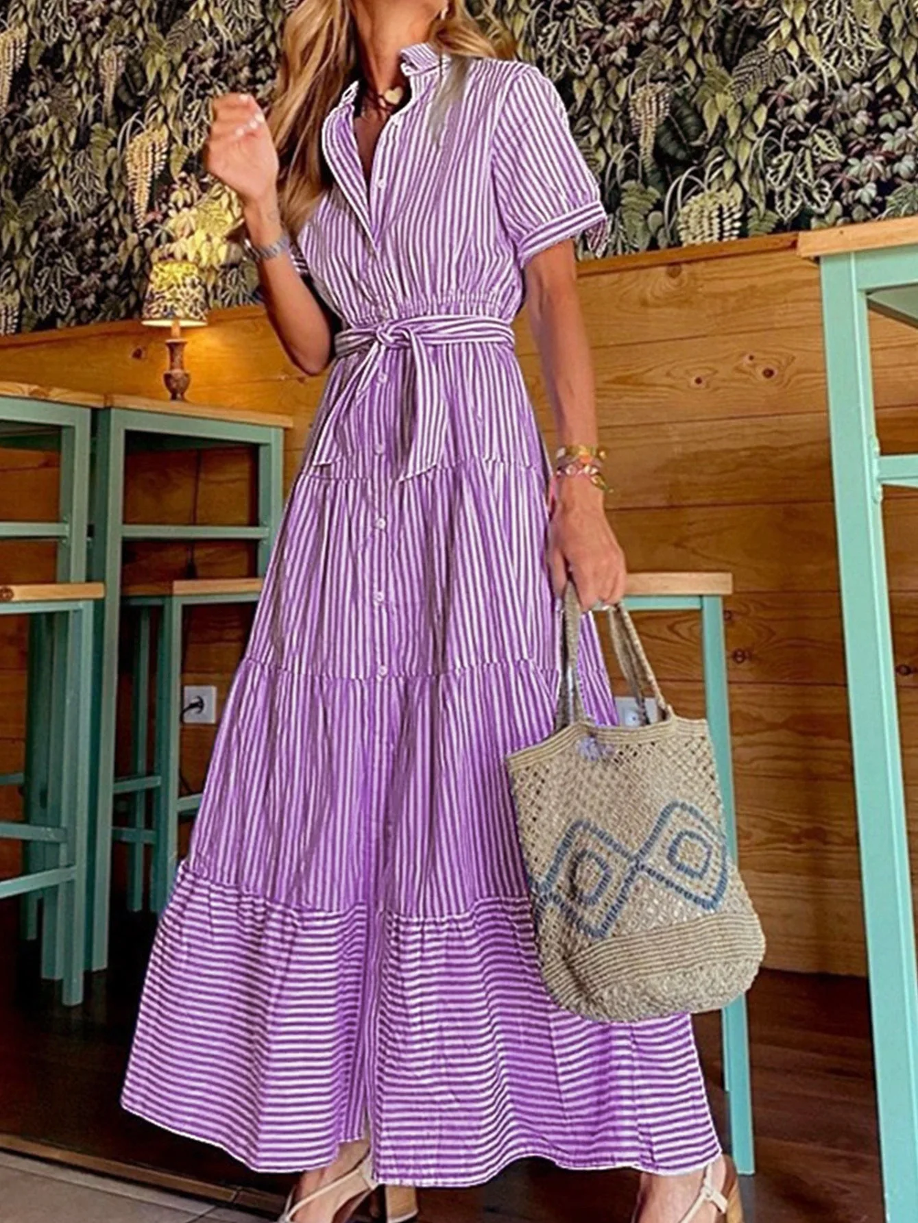 Women Striped Printed Short-sleeved Loose Long Dress Sashes High Waist Maxi  Dress Summer - AliExpress 200000345