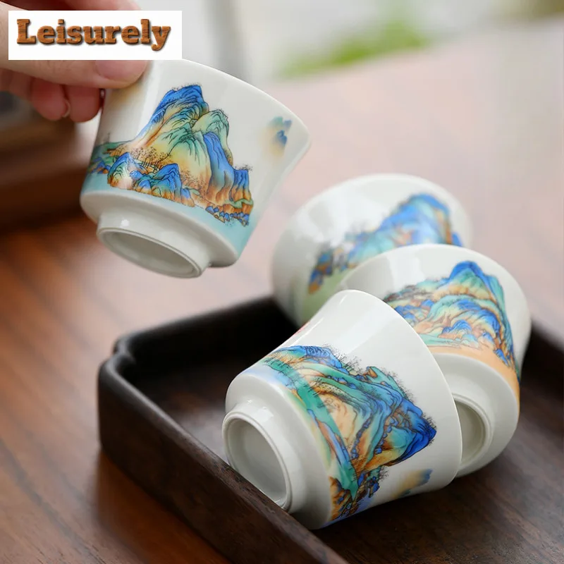 4pc/lot 85ml Landscape White Porcelain Teacup Ancient Tea Bowl Teacup Meditation Cup Chazhan Master Cups Tea Services Gift Box
