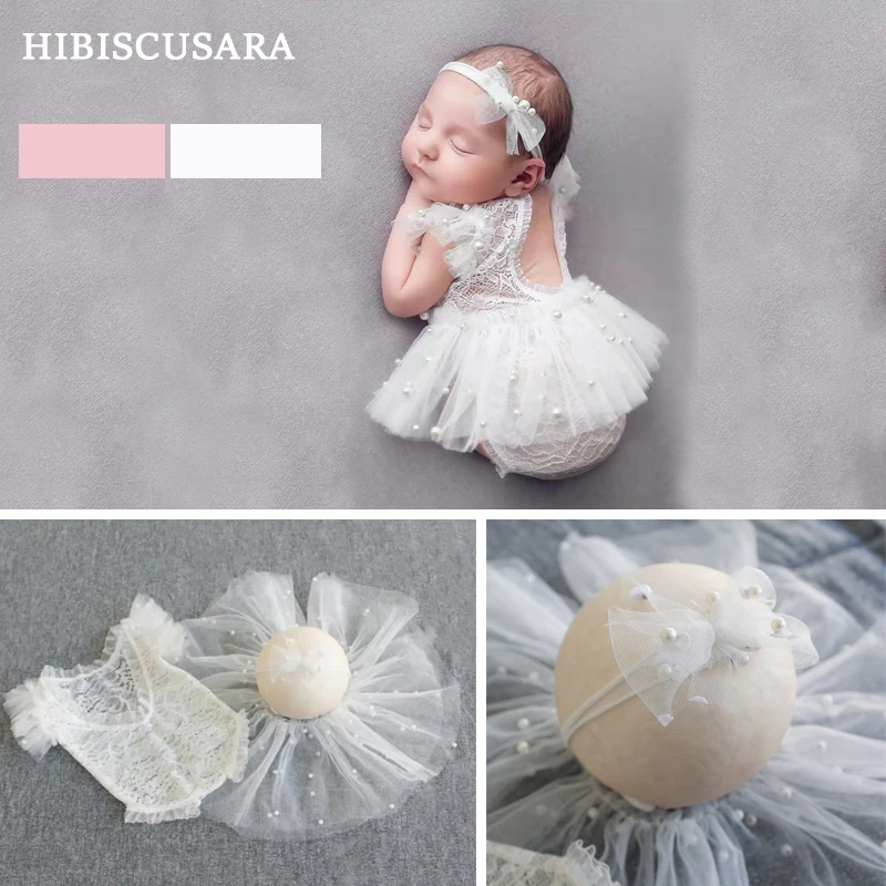 Newborn Baby Photography Clothing Fairy Lace Dress Pearls Decoration Romper Skirt Headband 3pcs Sets Infant Girl Princess Outfis