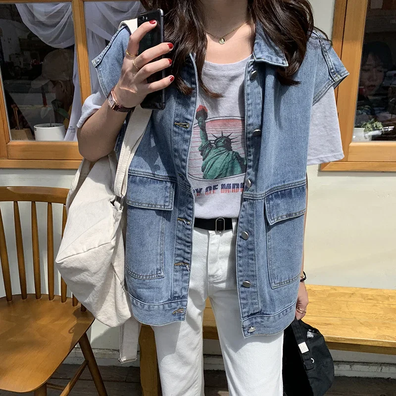 Style Korean Denim Vest Jacket 2021 New Women Loose Trend Outer Wear Spring and Autumn Vest Vest Trend Jackets for Women