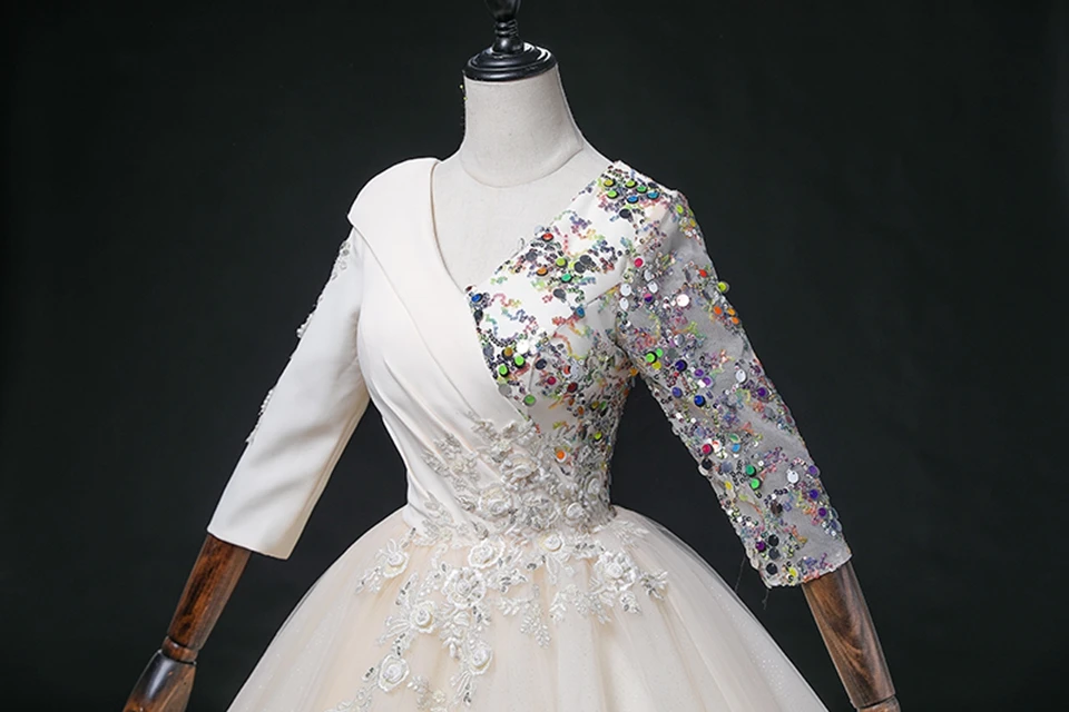 Neues Design Elfenbeinfarbene Glänzende Pailletten-Abendkleider Lange Ärmel Tüll-Applikationen Prinzessinnen-Quinceanera-Ballkleider Vestidos De 15 Años – Detail 8