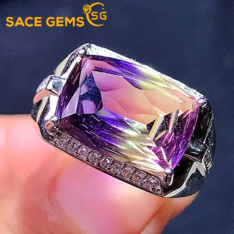 

SACE GEMS Fashion Resizable 10*14MM Natual Ametrine Rings for Man 925 Sterling Silver Wedding Party Fine Jewelry Festival Gift