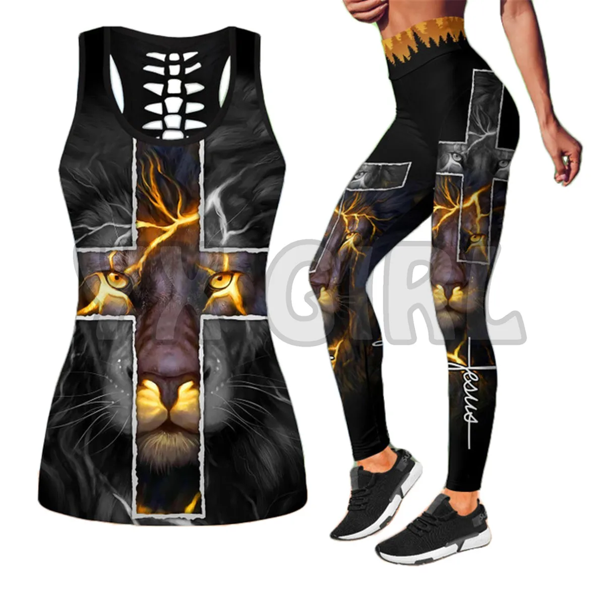 Jesus Lion   3D Printed Tank Top+Legging Combo Outfit Yoga Fitness Legging Women tank tops love like jesus cross o neck tank top in blue size l m s xl