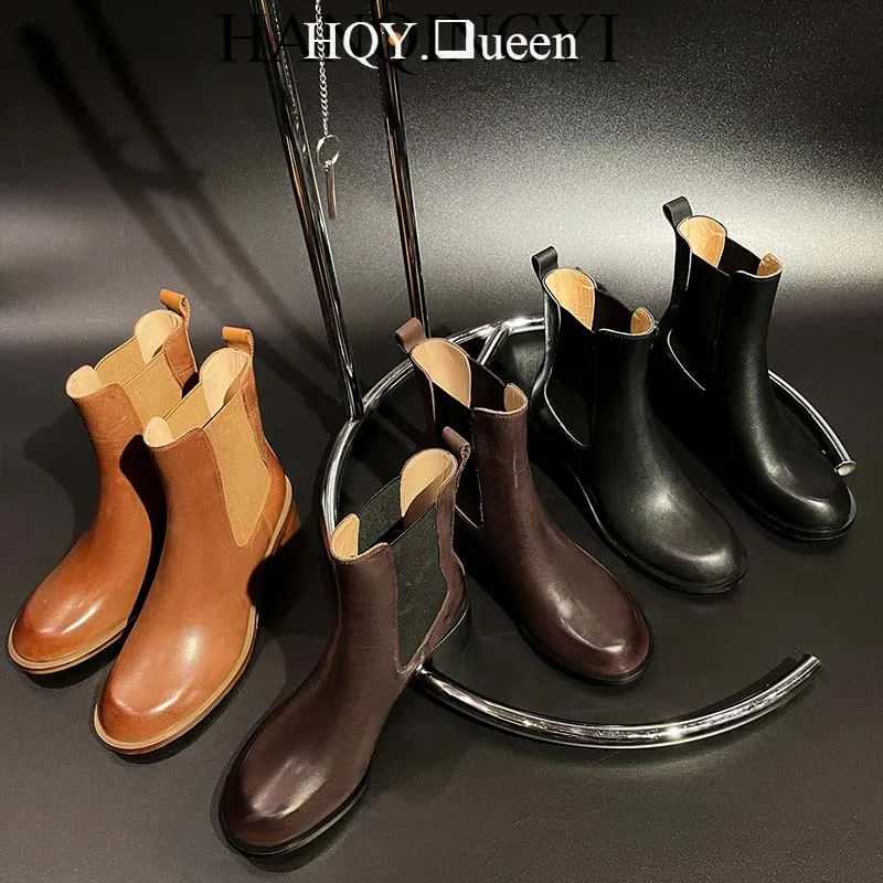 

Ankle Short Women Chelsea Boots Shoes For Full Grain Genuine Leather Modern Fashion Autumn Casual Ladies Heels Female Booties