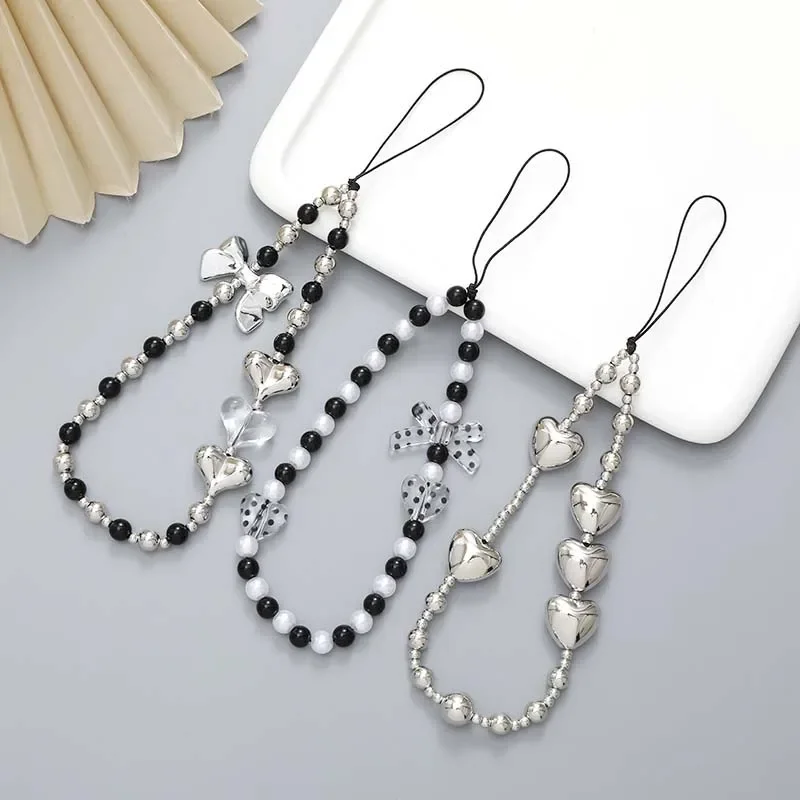 Cute Bear Crystal Loss Prevention Wrist Strap Tellphone Case Rope Fashion Love Bow Beaded Phone Chain Lanyard Jewelry for Women