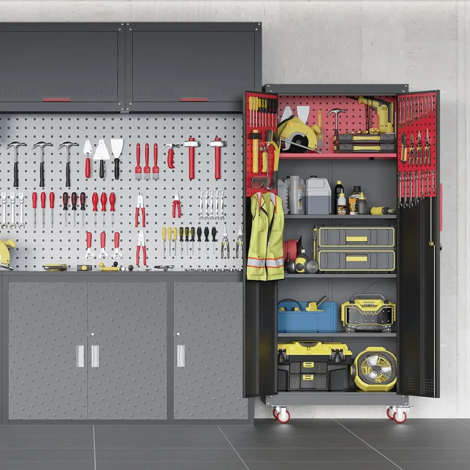 Metal Garage Storage Cabinet, Tall Garage Cabinets with 5 Adjustable Shelves, Steel Tool Storage Cabinet with Wheels,Lockable He 2