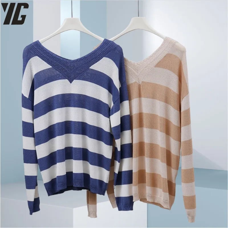 

YG Fashion Casual Women Contrast Stripe Sweater Spring Autumn Versatile Vintage Loose Long Sleeve Basic Knitted Pullovers Top