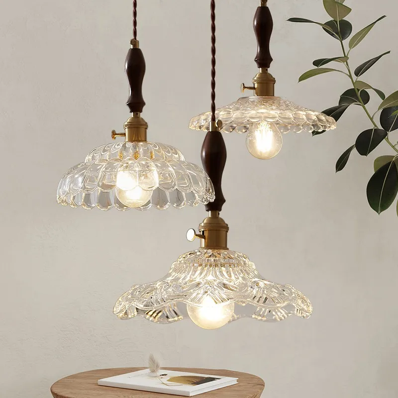 LED French Dining Table Pendant Lights Walnut Body Glass Lamp Vintage