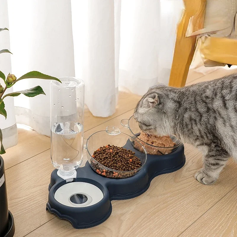 

Pet Cat Bowl Automatic Feeder 3-in-1 Dog Cat Food Bowl With Water Fountain Double Bowl Drinking Raised Stand Dish Bowls For Cats