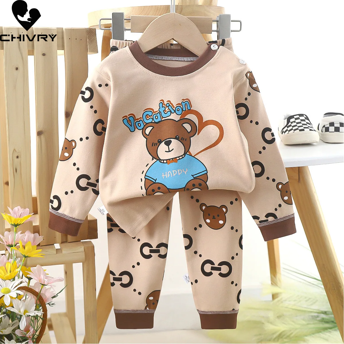 

2024 New Spring Kids Pajamas Baby Boys Girls Cute Cartoon Print Warm T-shirt with Pants Toddler Pyjamas Sleepwear Clothing Sets
