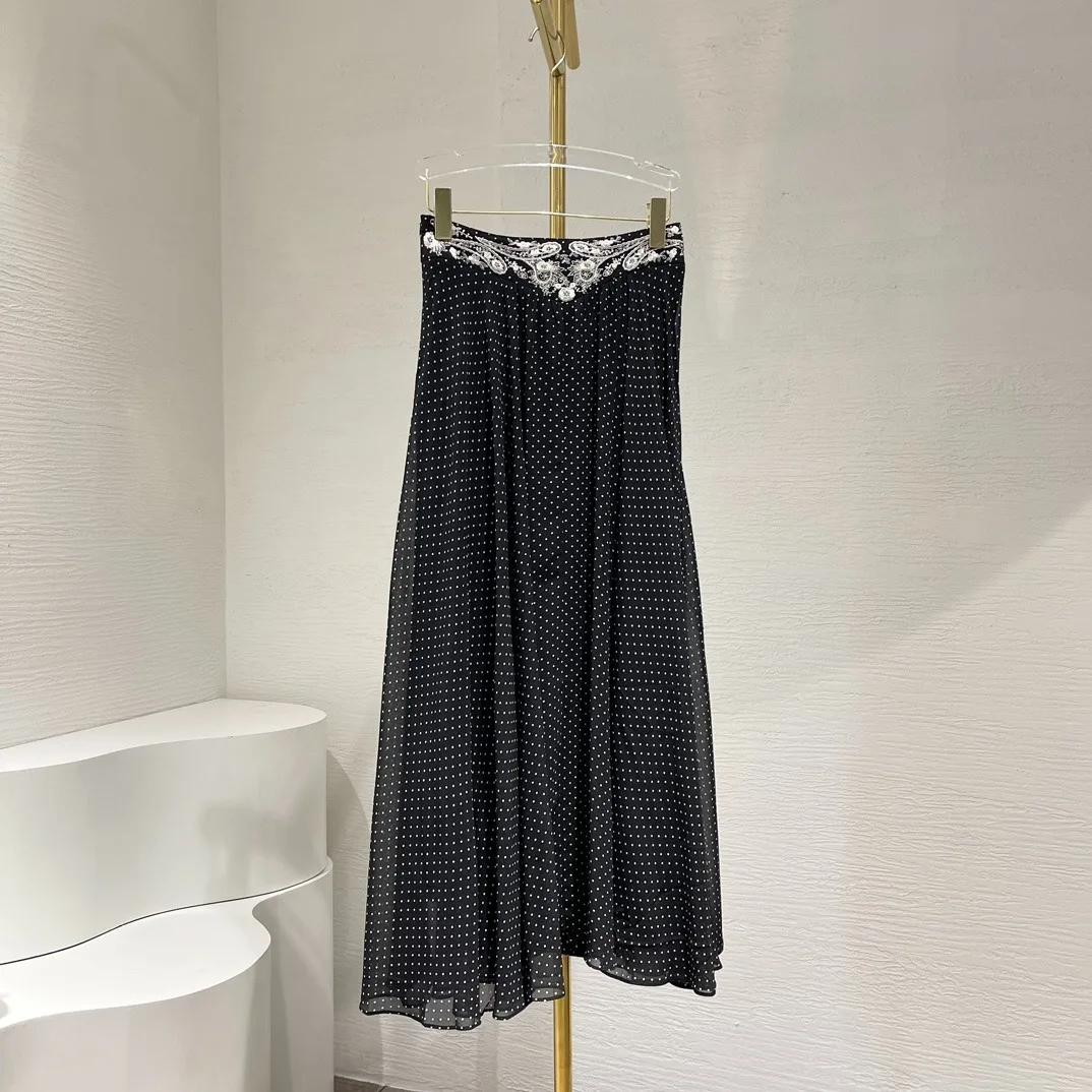 Black White Polka Dot Print Ruched  Floral Embroidery Midi Skirt