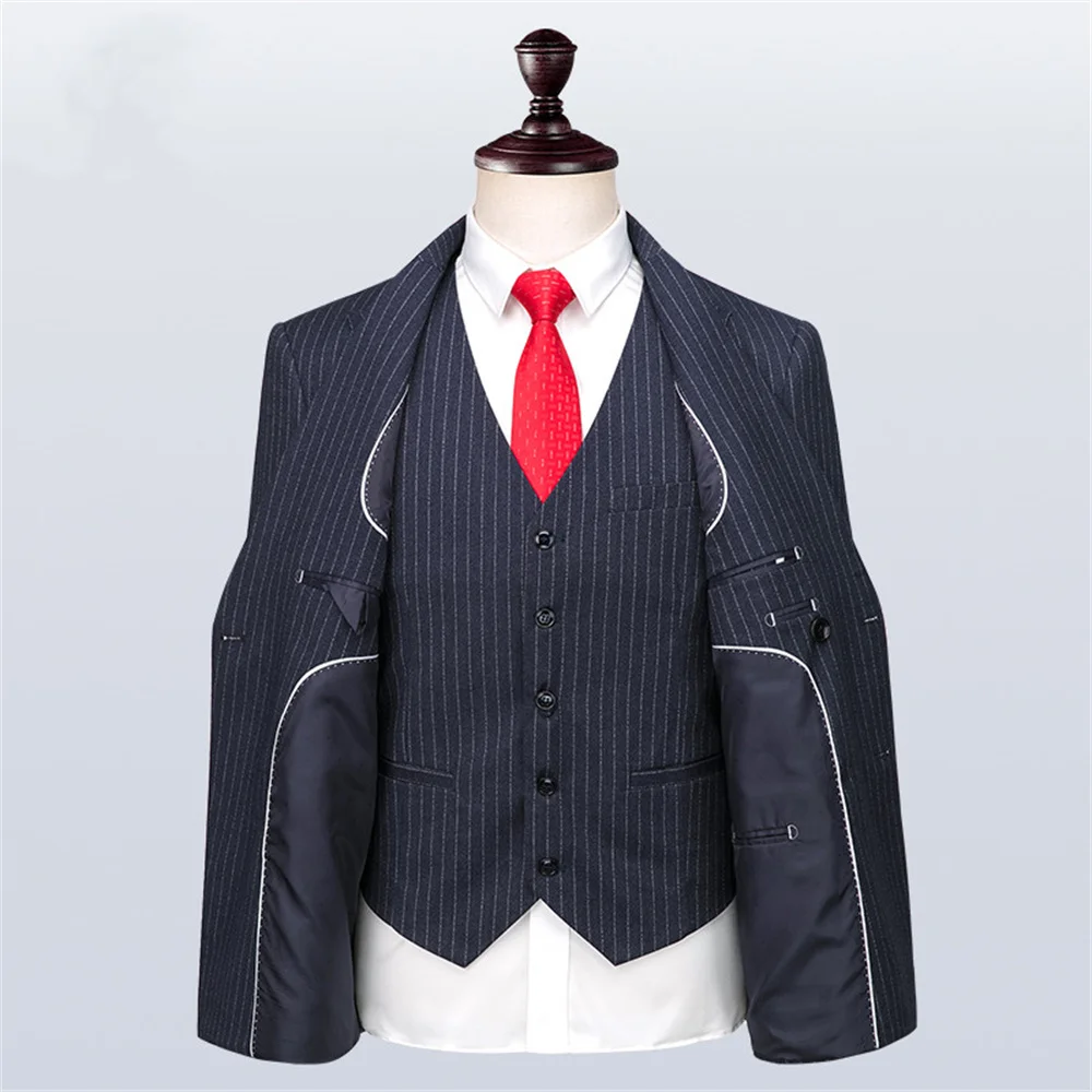 Elegant Male Suit 2023 New Stripes Double Breasted British Blazer + Vest + Pants 3Pcs Business Tuxedo Groom Wedding Men's Suit