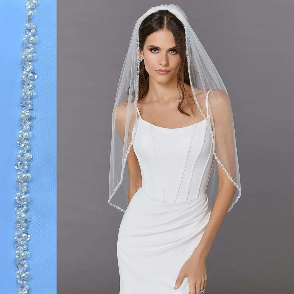 

White/Ivory 1Layer Handmade beadwork Cathedral Bridal Wedding Veil One-Layer Pearl Beading Headpiece EE59