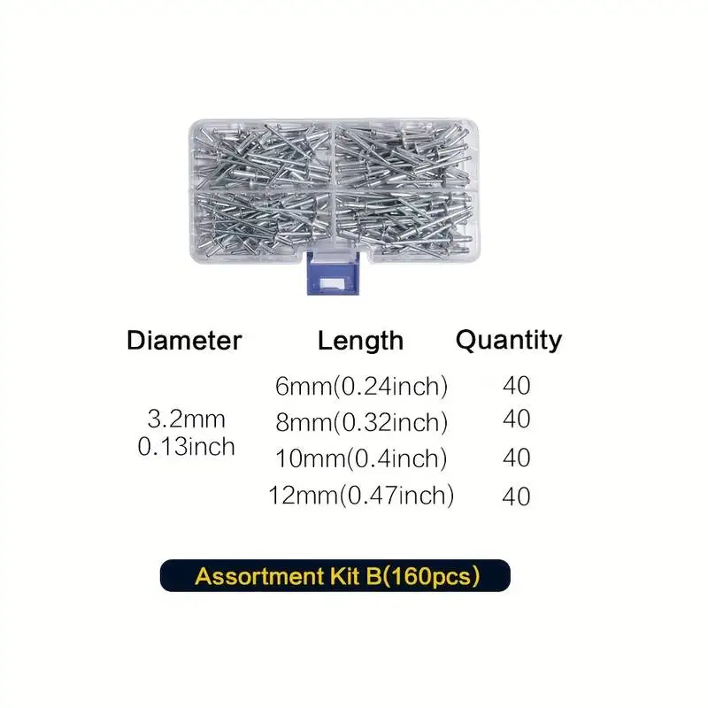 160 Stück, Pop-Nieten-Sortiment-Set, Aluminium-Nieten-Set in 8 Größen, Blindnieten für Metall mit Organizer