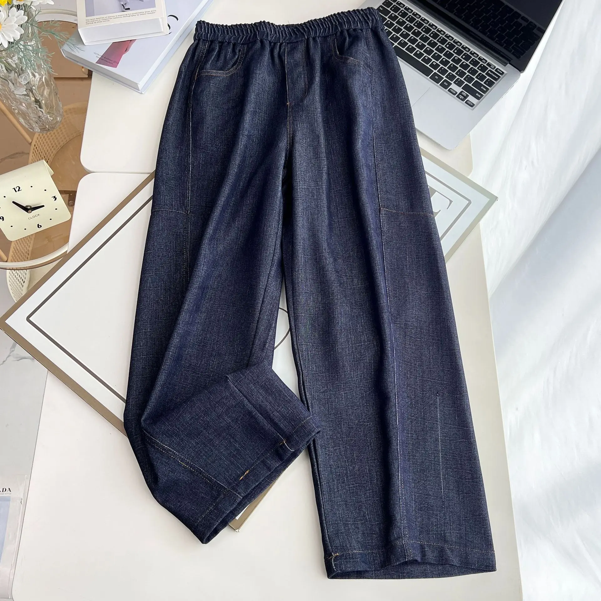 Plus Size Women's Jeans Autumn New Simple Elastic Waist Casual Denim Straight Leg Pants 665