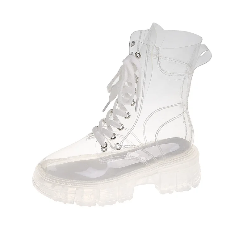 2021 Cool Fashion Women Transparent Platform Boots Waterproof Ankle Boots Feminine Clear Heel Short Boots Sexy Female Rain Shoes 