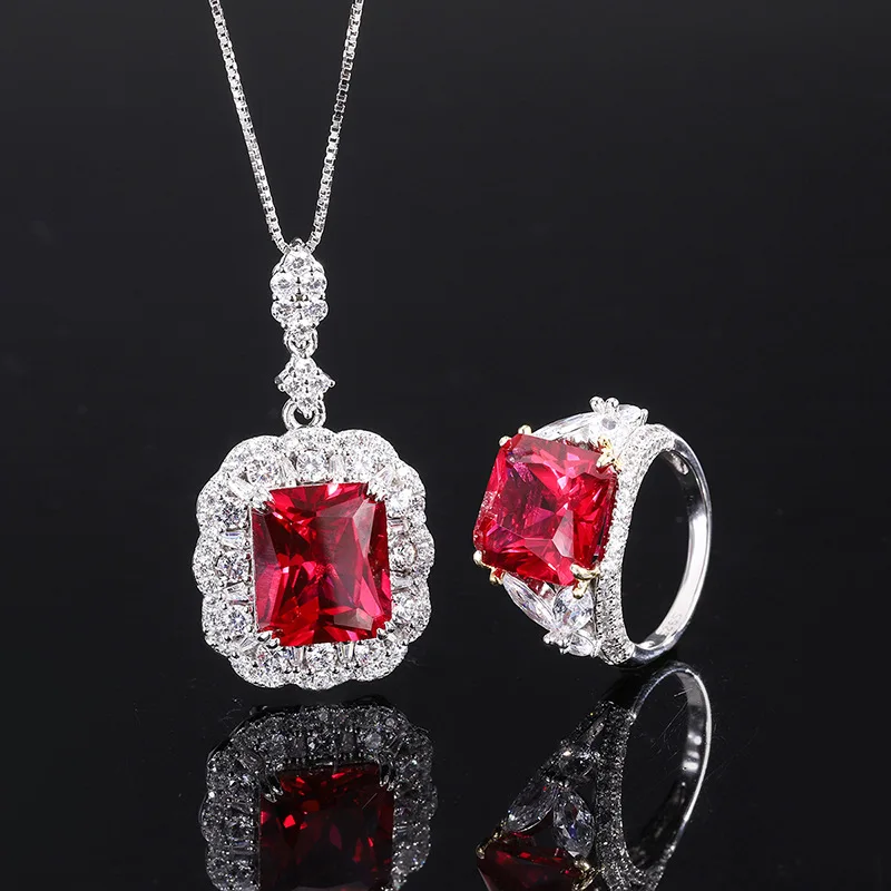 

Sparkling Cubic Zirconia Lab Created Ruby Luxury Jewelry Set For Women Silver S925 Real Necklace Ring Free Shipping Anniversary