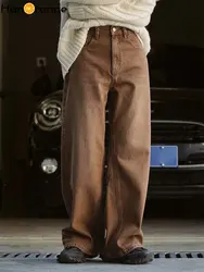 HanOrange 2024 Winter Vintage Casual High Waist Straight Jeans Women Warm Thickened Denim Pants Female Coffee Retro