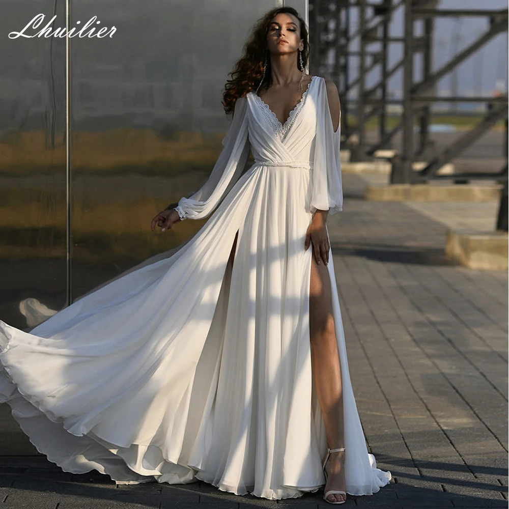 

Lhuillier Elegant A Line V Neck Chiffon Wedding Dresses Floor Length Long Sleeves Lace Bridal Dress with High Slit