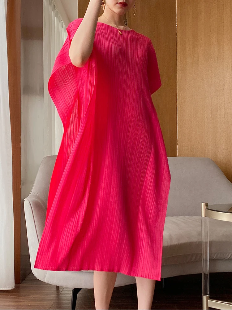 

Women Pleated Dress Ruffles Side Cloak Sleeves Straight Dresses Casual Style Short Sleeve Elastic 2022 New Summer