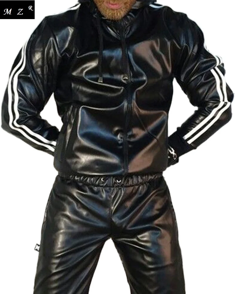 Men-s-PU-Leather-Gloss-Wetlook-Jacke-Jacket-Hoodie-Jogging-Suit ...