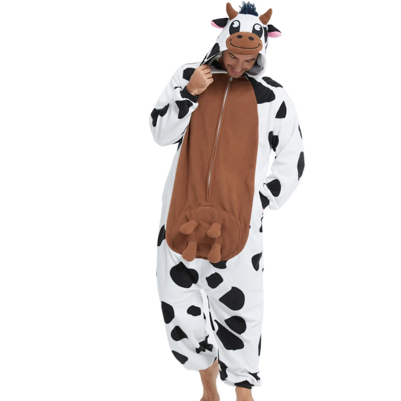 Adult unisex animal cow cosplay game costume kigurumi men one piece pajamas halloween christmas party hooded cartoon pajamas