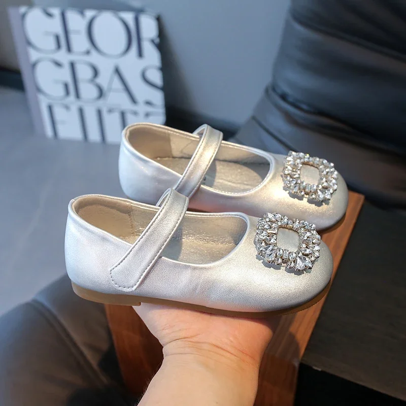 Children's Leather Shoes Shallow Rhinestone Party Shoes for Baby Girl Causal Fashion Versatile Kids Princess Wedding Flat