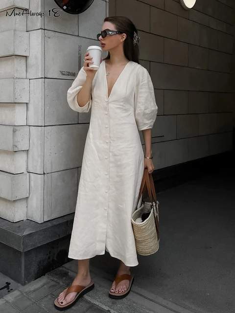 Mnealways18 Elegant Beige Women Linen Dress: Embrace Elegance and Comfort