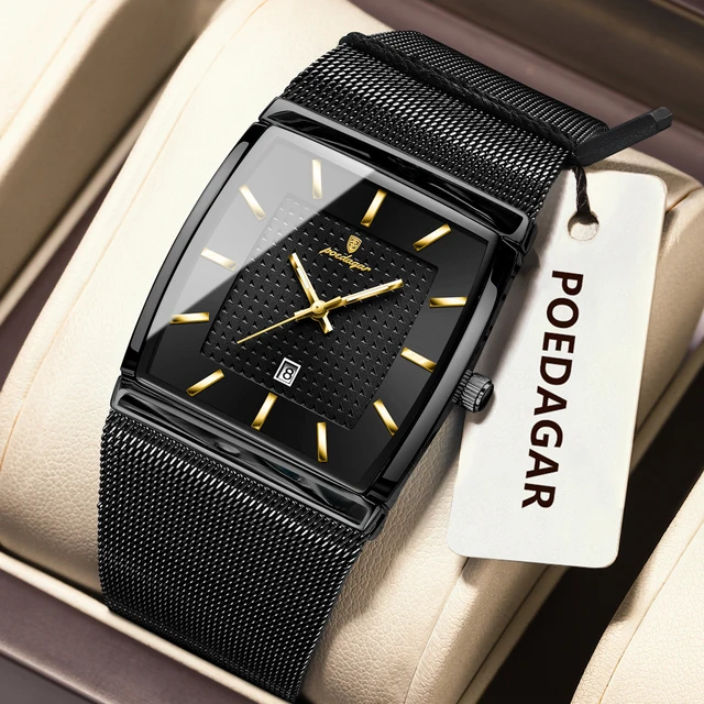 POEDAGAR Luxury Elegant Men's Clock Waterproof Luminous Stainless Steel Mesh Date Man Watch Fashion Quartz Watches For Men Reloj