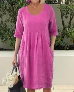 

2024 Spring Cotton Linen Women's Long Dress Grey Short Sleeve O-neck Loose Dresses New Female Summer Trendy Casual Lady Clothes