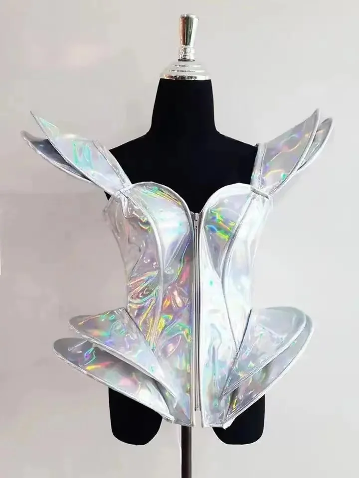 Nightclub Gogo Mini Bubble Dress White Laser Sexy One Piece Stage Performance DS Dance Bodysuit