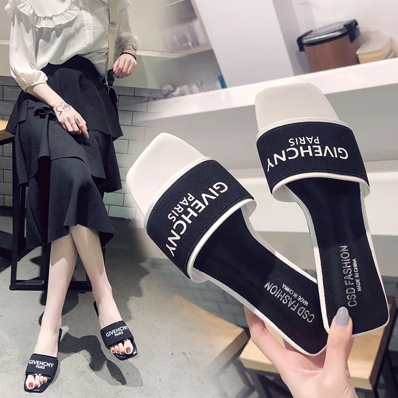 Luxury Design Women Rhinestone Letters Summer Flat Heels Slippers