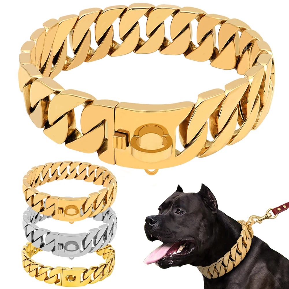 

Heavy Duty Dog Cuban Chain Collar Luxury 32MM 18K Gold Stainless Steel Necklace for Medium Large Dogs Pitbull Pet Accessories