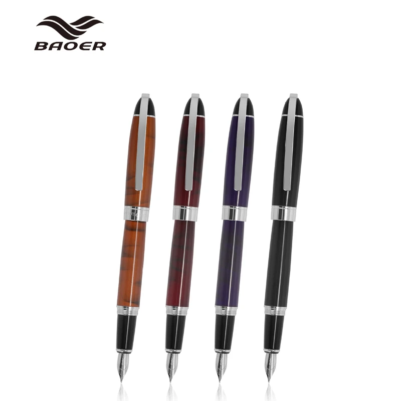 4 X Baoer 517 Metal Wine/Brown/Blue/Black Marble Fountain Pens Medium Nib 0.7mm Professional Office Stationery Writing Tool