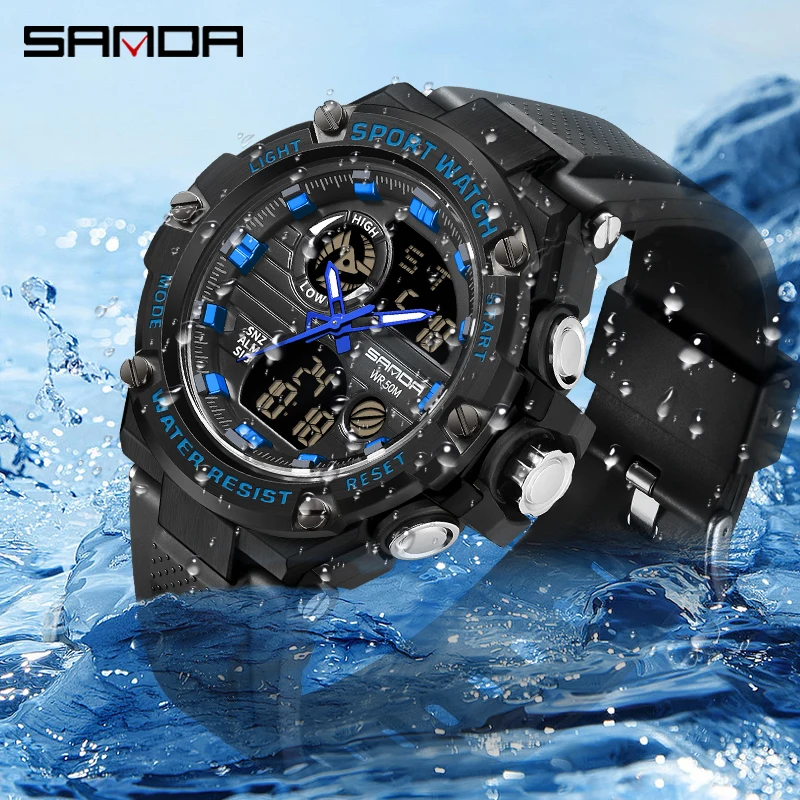SANDA 3196 New G style Mens Dual Display Electronic Quartz Watches Outdoor Sports 50M Waterproof LED Digital Date Watch 2023
