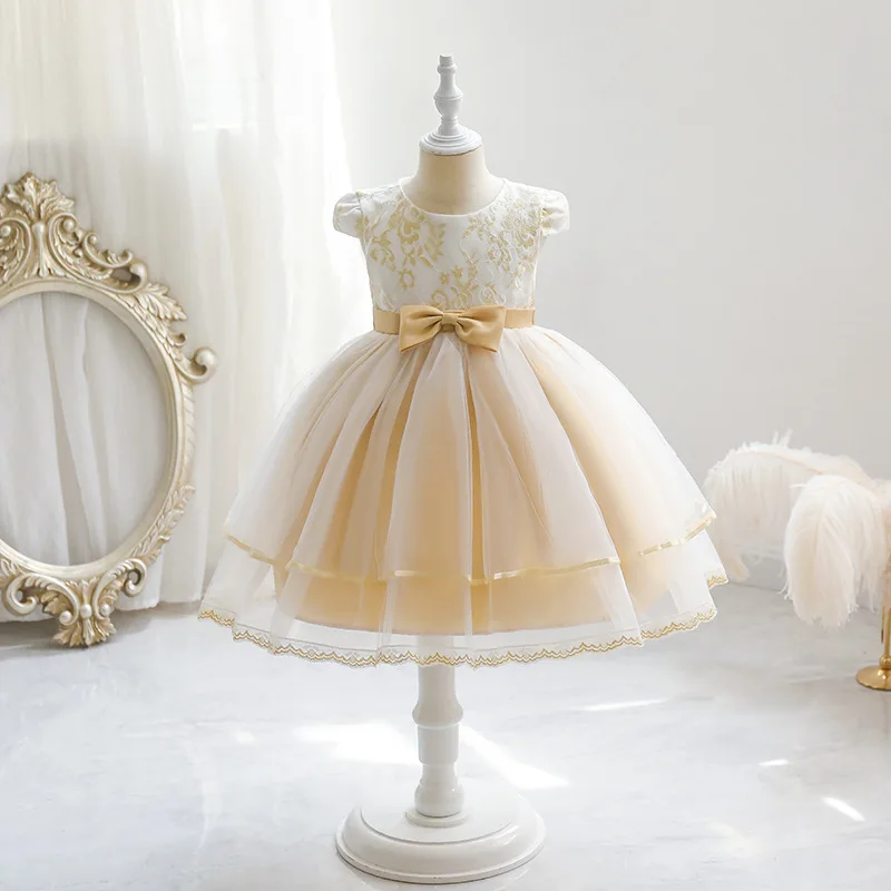 

Champagne Baby Girl Summer Dress Embroidery Tulle Toddler Party Layers 1 Year Birthday Princess Formal Gowns Child Kids Clothes