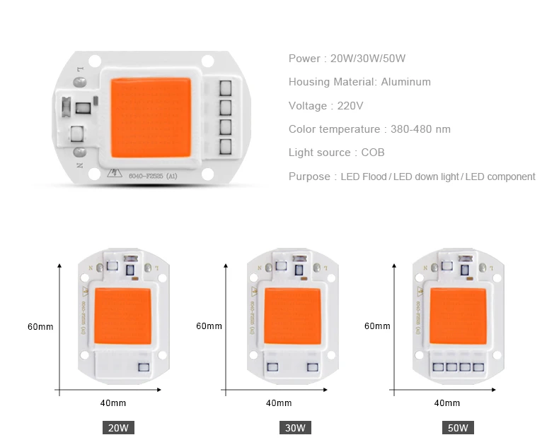 Description Picture 3 of item20W 30W 50W COB LED Chip 220V Smart IC No Need Driver Full Spectrum LED Chip For Spotlight Floodlight Plant Phyto Lamp Beads