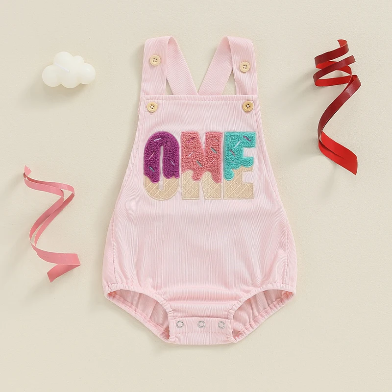 여름 캐주얼 문자 자수 민소매 바디수트 점프수트,  소녀 소년 생일 작업복