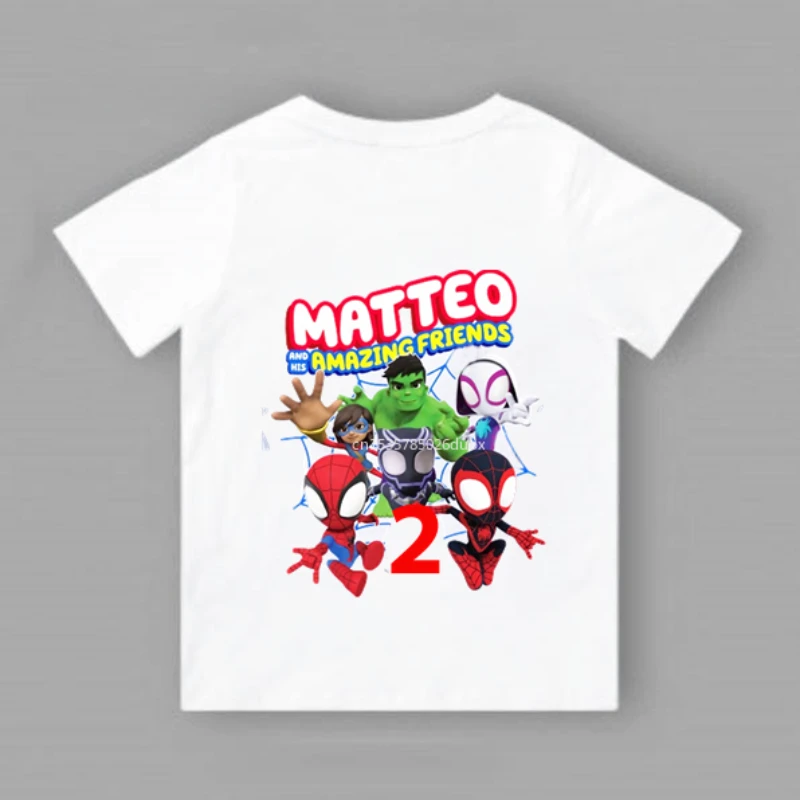 thumbnail image 1 of Camiseta de fiesta de cumpleaños para niño de Marvel Spider Man y sus buenos amigos, para niños de 2, 3, 4, 5, 6, 7, 8 y 9 años, personalizada, de verano, color blanco, 1 of 5