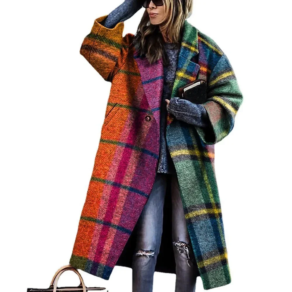 Autumn and Winter Women's Mid Length Knee Thickened Popular Temperament Coat Warm Trench Printed Coat Turndown Long Coat