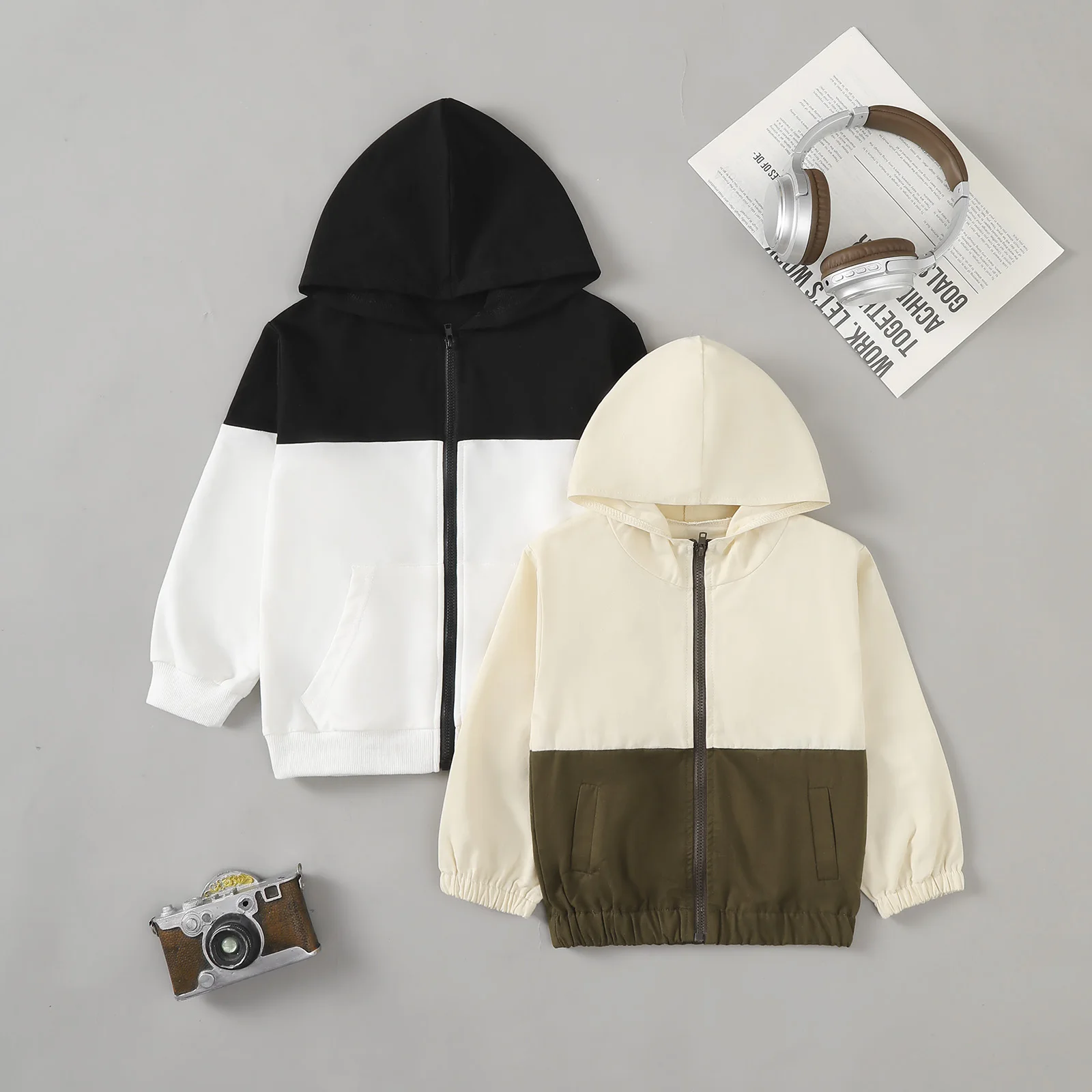 Baby Boys Spring Autumn Hooded Zipper Long Sleeve Color Block Jacket Toddler Kids Outerwear