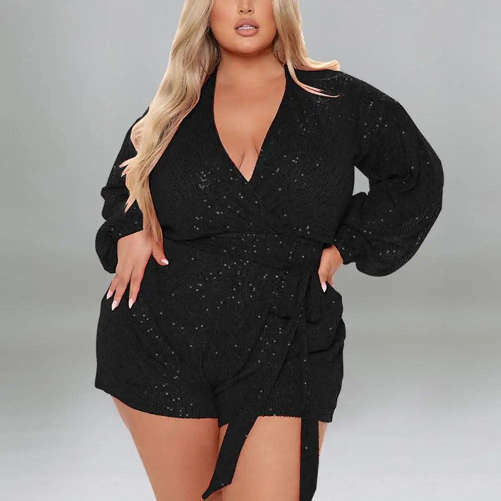 

Plus Size Women Romper Sequin Long Sleeve Women's Romper with V Neck Tight Waist Soft Solid Color Club Party Lady Short Romper
