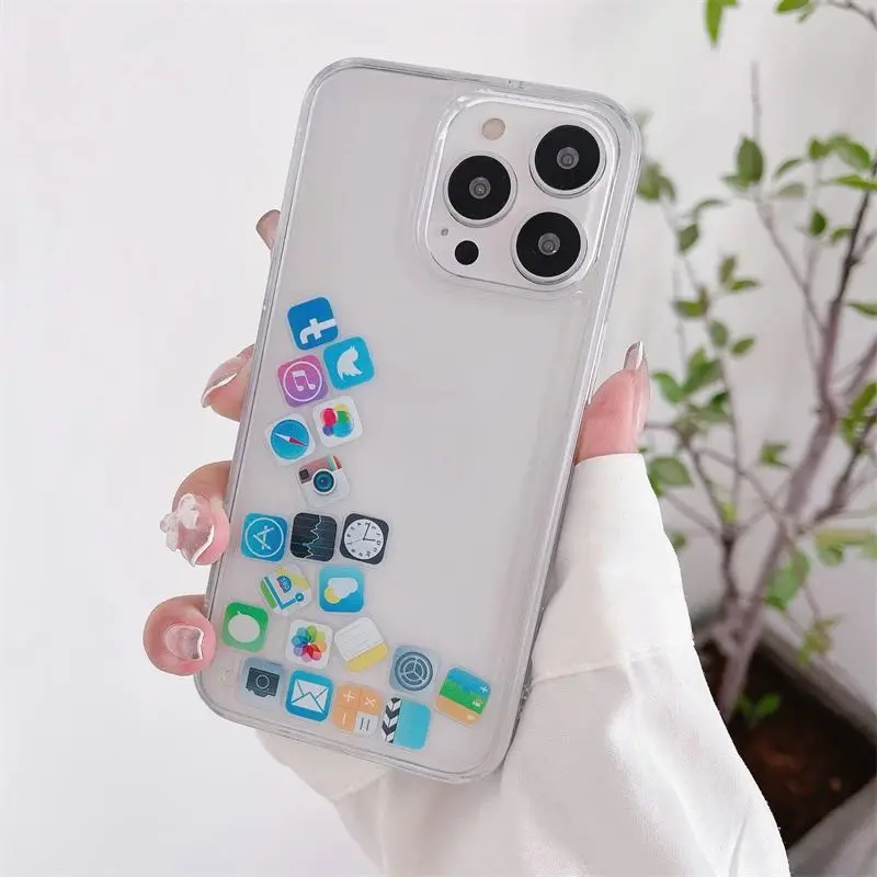 Creative Floating Apps Icon Case Per Iphone 13 14 15 Pro Max 12 Cover Posteriore Glitter Gloss Quicksand Move Liquid Hard Clear Fundas