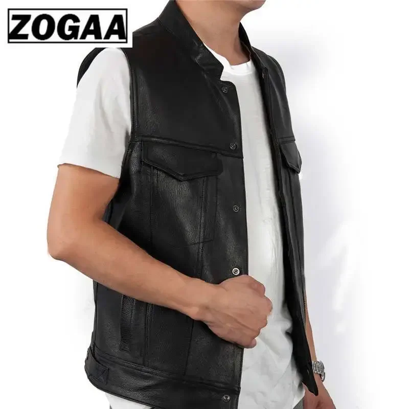 ZOGGA 2021 Men Vest Black Biker Motorcycle Hip Hop Waistcoat Male Faux Leather Punk Solid Black Spring Sleeveless Leather Vest