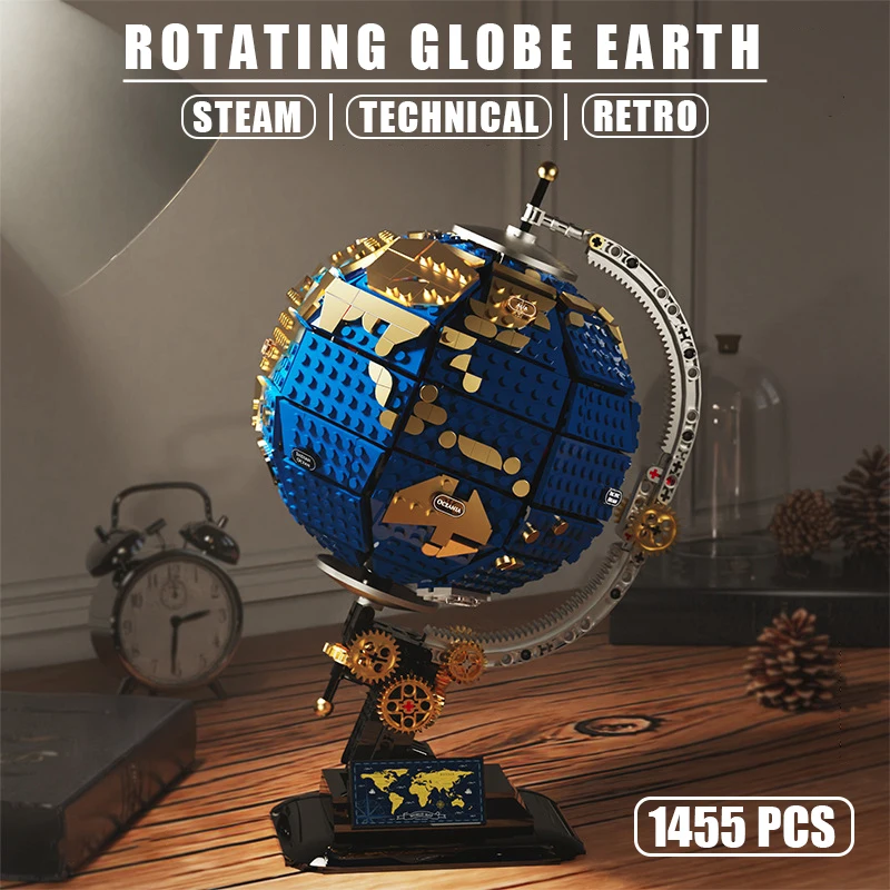 1455 Pcs Steam World Globe Map Building Blocks Moc City Retro Rotating Globe Earth Model Educational Bricks Toys For Kids Gift