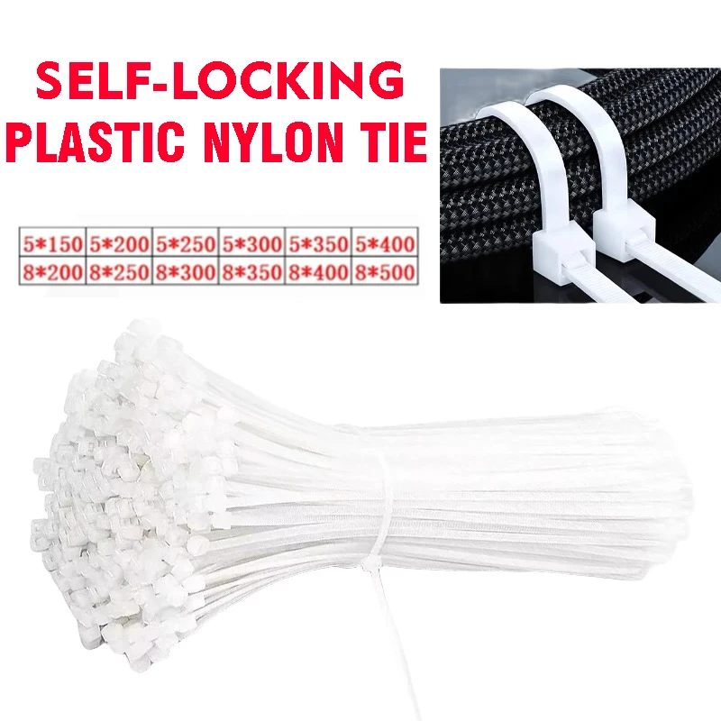 

250/500Pcs Large Nylon Tie Zip Plastic White Self-Locking Cable Tie Binding Rope High Strength Fixed Belt Industrial Cable Tie